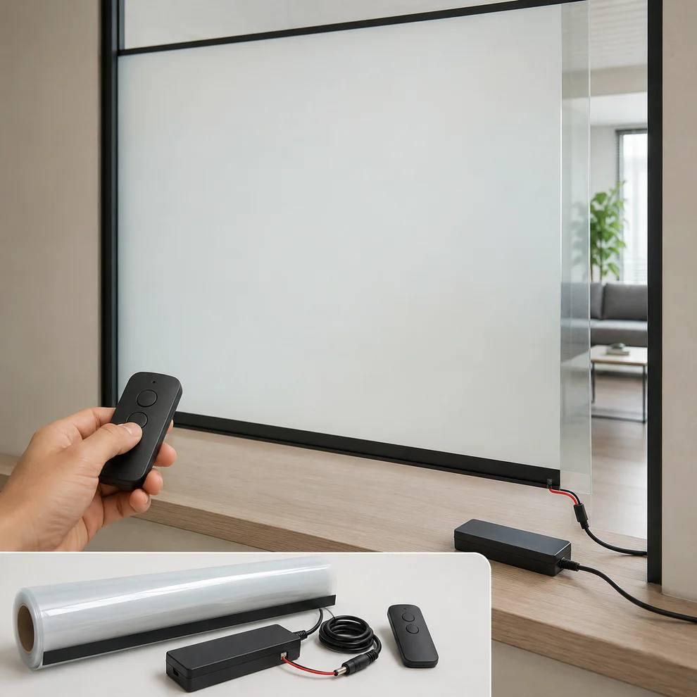 Two-button remote in front of frosted glass, controller on the sill